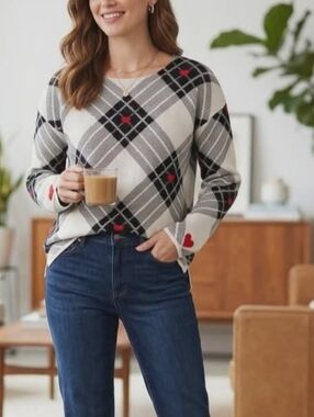 Tahari Beige  Sz L Plaid Crewneck Sweater with Red Heart Motif